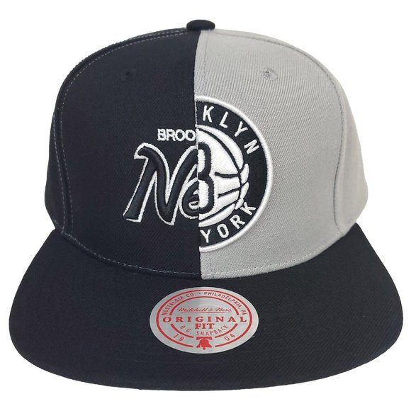 Brooklyn Nets Mitchell & Ness NBA Snapback Hat Split 3D Logo Black Gray Cap NWT - Picture 1 of 8